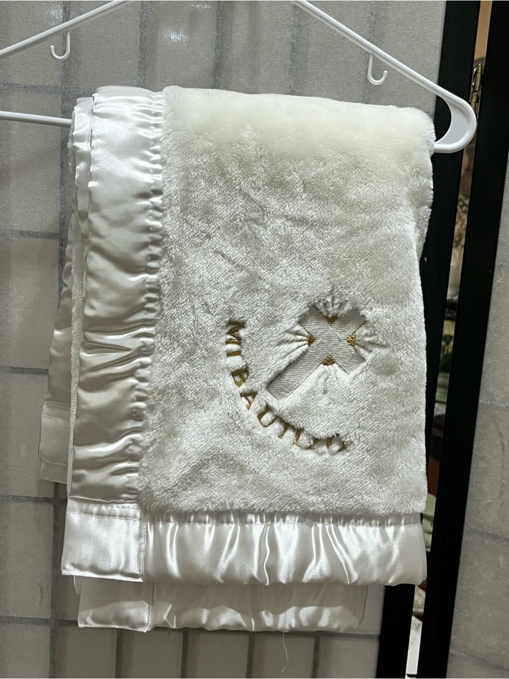 Baby Mink Soft White Satin-Trim Blessed Baby Baptism Blanket - Embroidered Cross